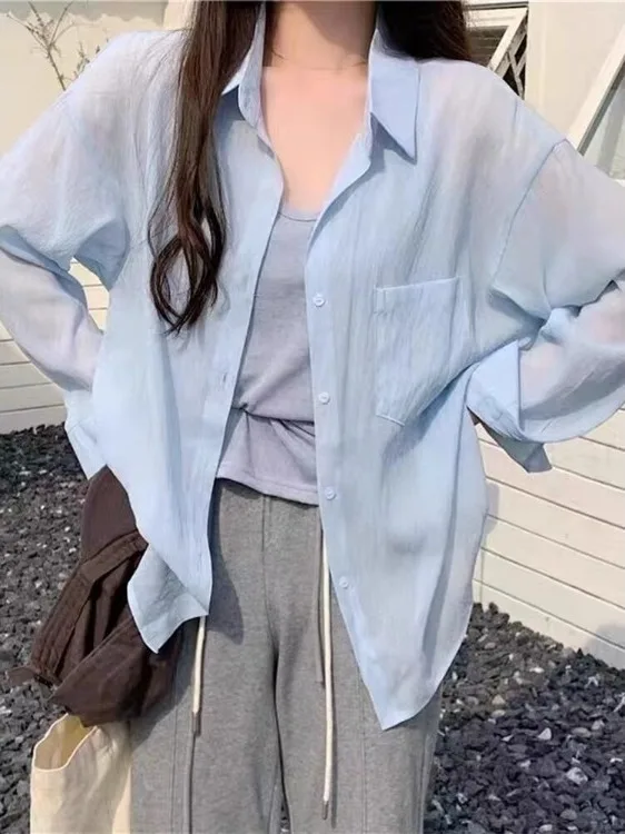 Blue Summer Loose Fit Long Sleeve Sun Protection Shirt Women's Thin Ice Silk Casual Versatile Outerwear Elegant Casual Shirt