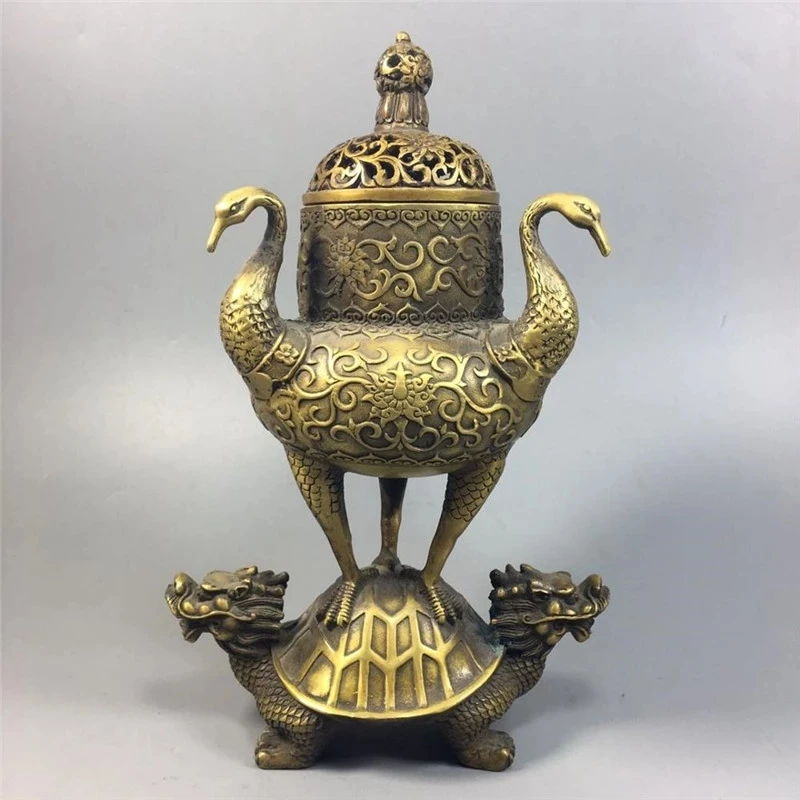 

Chinese Old Copper Collection Pure Copper Turtle Crane Incense Burner