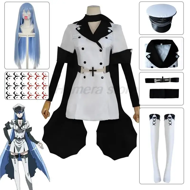 

Esdeath Cosplay Akame Ga KILL Cosplay Costume with Hat Socks Wig Water Tattoo Halloween Party Outfits for Women Full Set