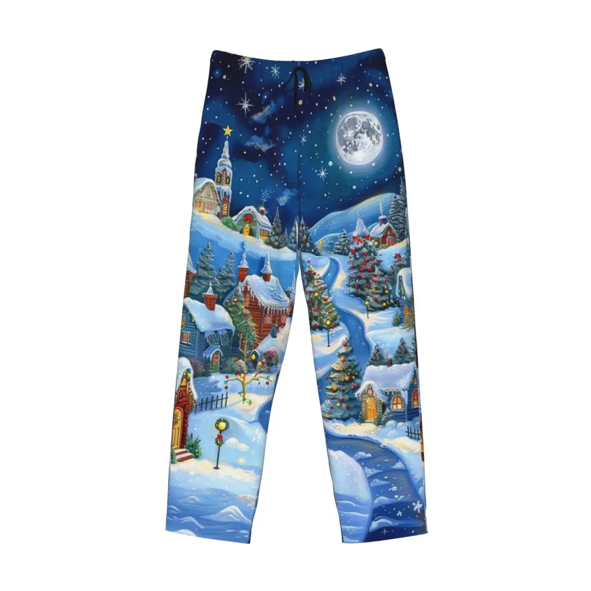Custom Christmas Town Full Moon Snow Village Pajama Pants Men Sleepwear Sleep Lounge Bottoms with Pockets