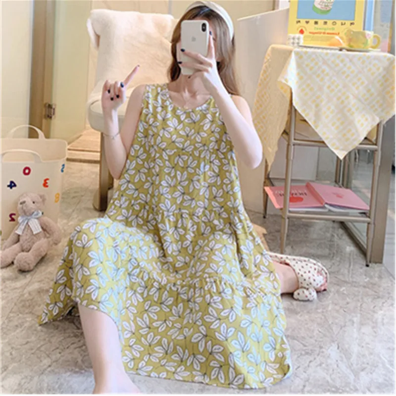 UHYTGF Spring Summer Nightdress Women Sleeveless Cotton Silk Thin Home Clothes Dress Female Pajamas Sweet Student Sleepwear 2488