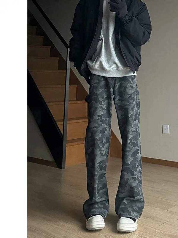 

Ретро-джинсы в камуфляжном стиле для мужчин, американские, в стиле High Street, модные, прямые, слегка расклешенные брюки