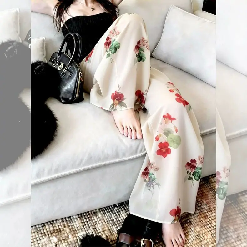 

Apricot floral casual wide-leg pants for women, 2026 summer new loose, lazy drape, high-end straight-leg pants