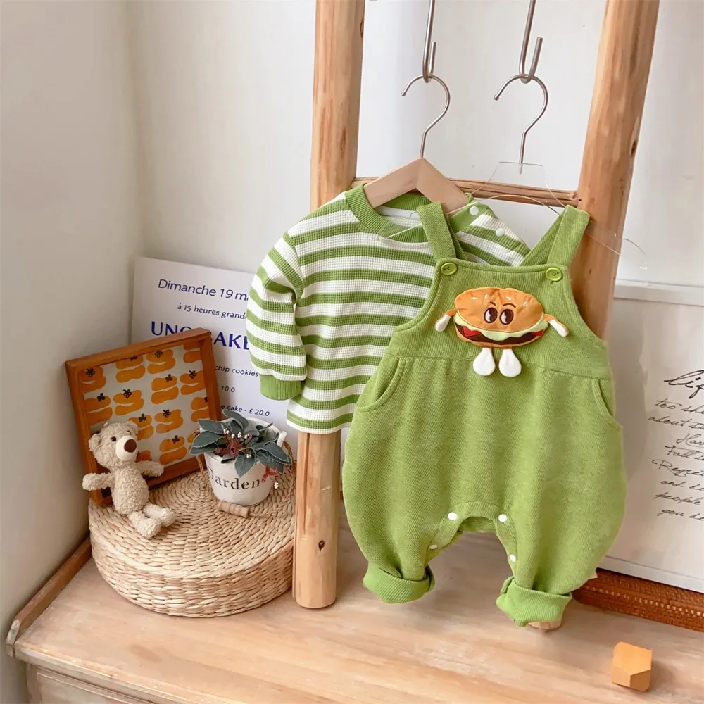 New Fall 2023: Baby Boy Long Sleeve Striped Waffle Top Sweatshirt+ 3D Cartoon Burger Suspender Pants Set, Children 2pcs Outfit