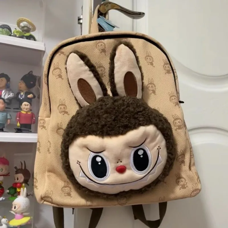 32CM Labubu Khaki Plush Doll Backpack Cartoon Cute Casual Backpack New Schoolbag