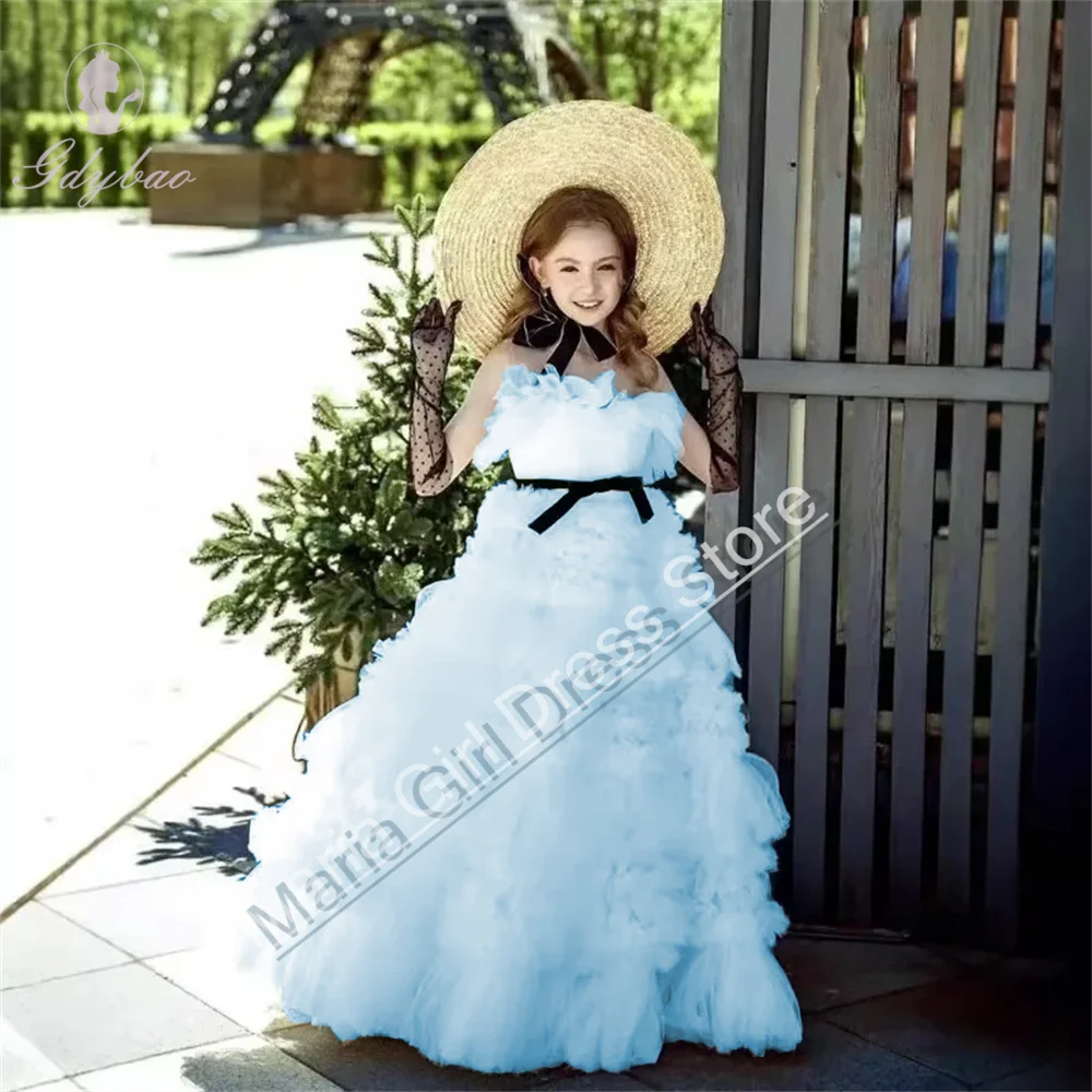Children Princess Party Gown Puffy Tulle Sleeveless For Piano Performance Pageant Host Model Evening Wedding Birthday Costume