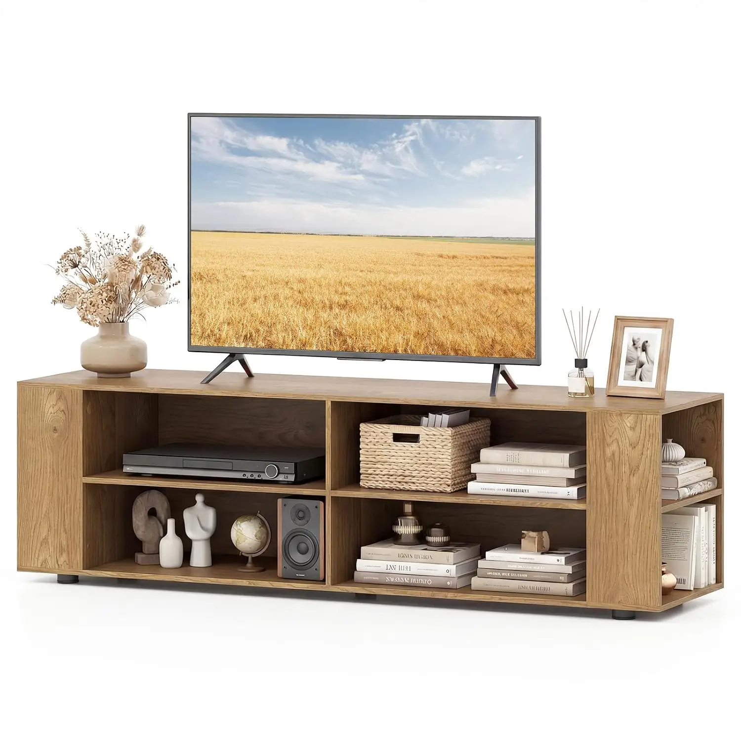 Wooden TV Stand for 65 Inch Flat Screen, Natural Finish, Living Room Storage Entertainment Center, Customized