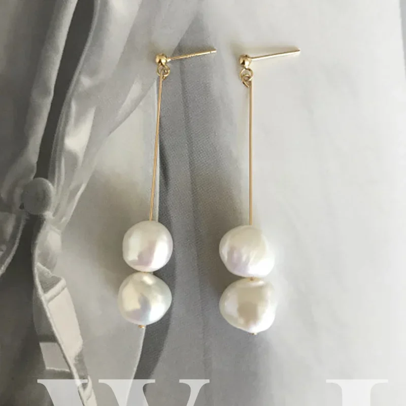 Minar Delicate Genuine Freshwater Pearl Earring for Women Gold Color Metal Baroque Pearls Long Drop Earrings Elegant Oorbellen