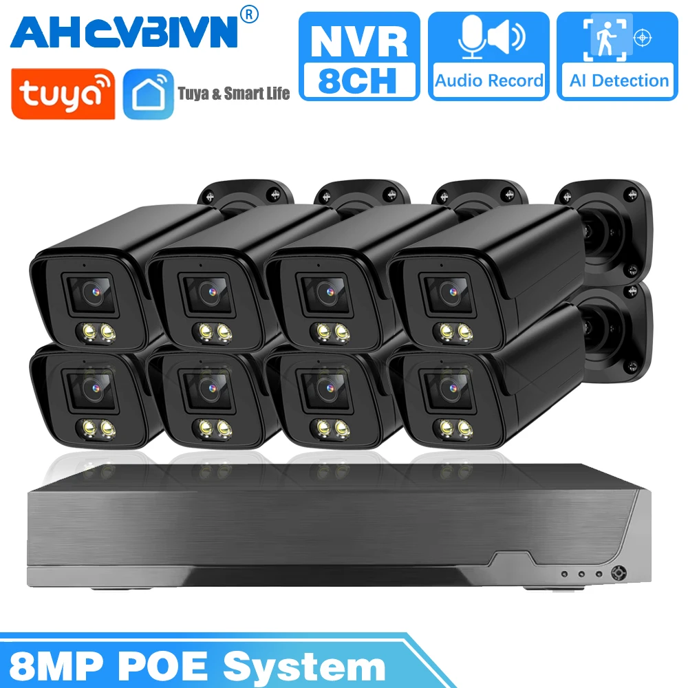 

4K POE IP-камера безопасности Tuya System Set 8MP 8CH NVR Kit Открытый водонепроницаемый аудио CCTV Комплект камеры видеонаблюдения 4CH
