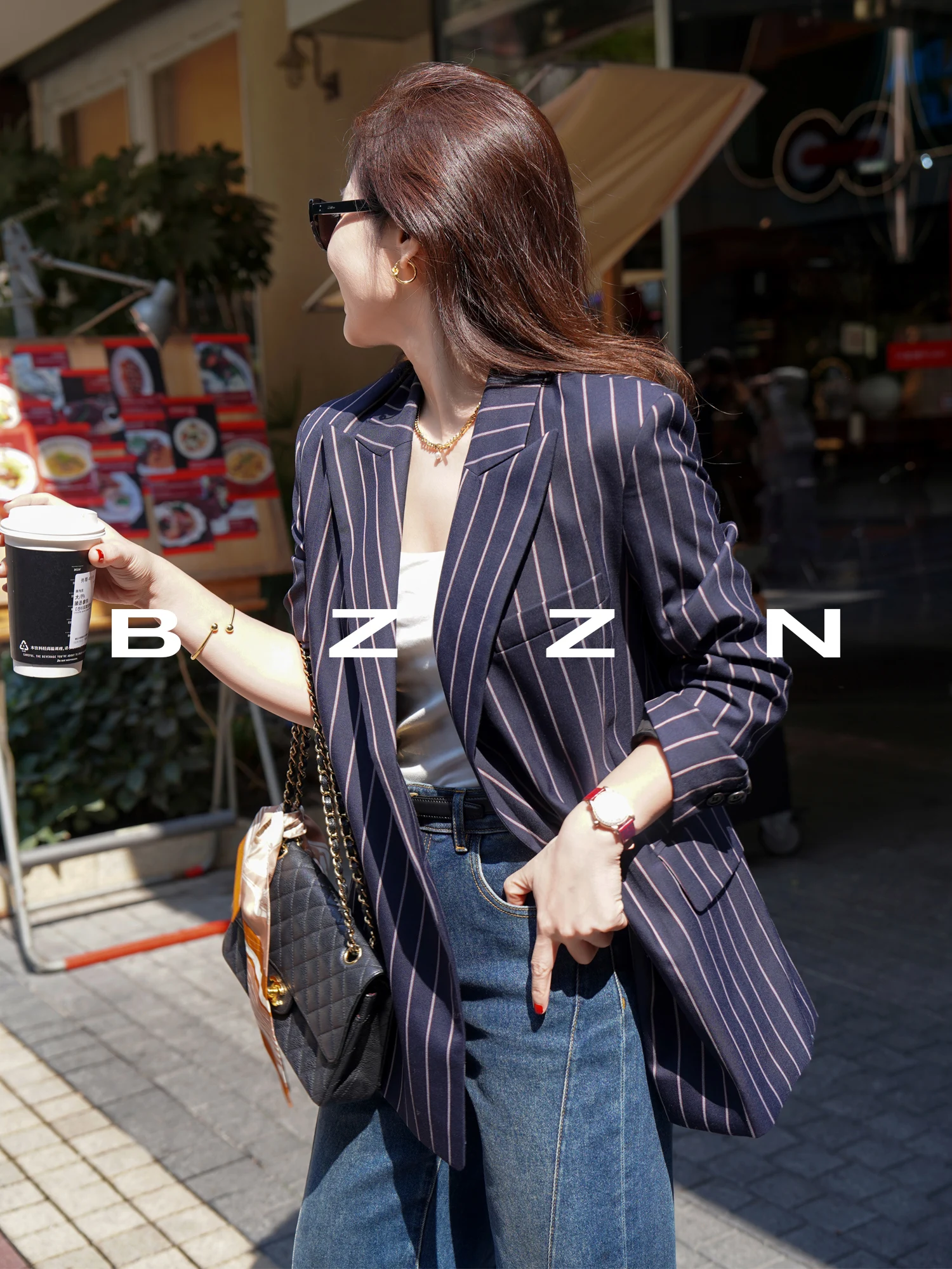 

BZZN Asymmetric Metal Buckle Waist Belt Striped Woolen Suit Jacket High-End Feeling Rejection of Passer-by Sensation