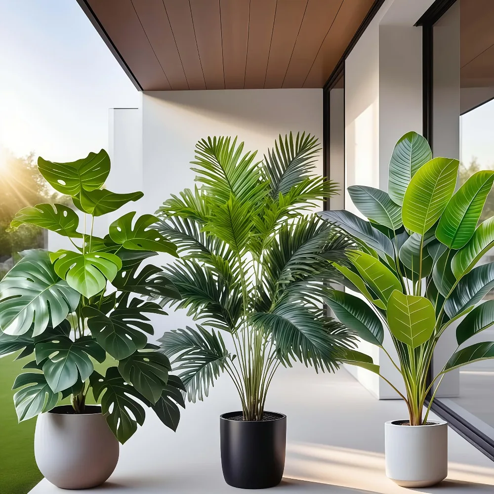 3 قطع نبات نخيل أريكا صناعي كبير مع 36 ورقة نباتات استوائية مناسبة لتزيين الحديقة الداخلية نبات بوعاء