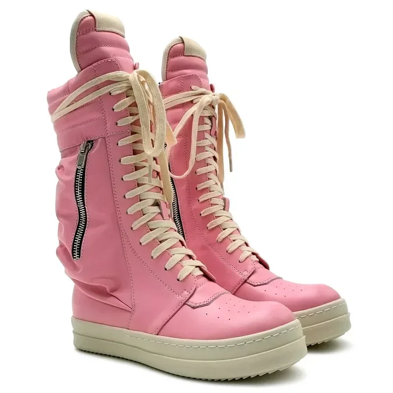 Women High-Top Knight Boots Genuin Leather Men Luxury Brand Mid-Calf Sneakers with Zip Pocket Design Trend Unisex Boots