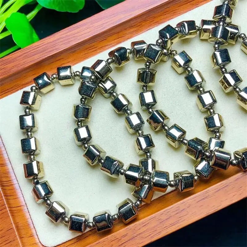 7.6mm Natural Pyrite Sugar Cubes Beads Elastic Line Stretch Beaded Bracelet Healing Fashion Man Woman Jewelry Gift 1pcs