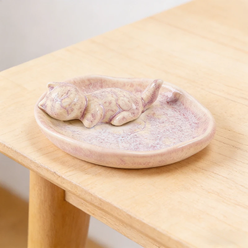 Exquisite Cute Cat Shaped Ceramic Tray Jewelry Organizer Key Holder Decorative Ornaments for Vanity Dresser Tabletop Accessory