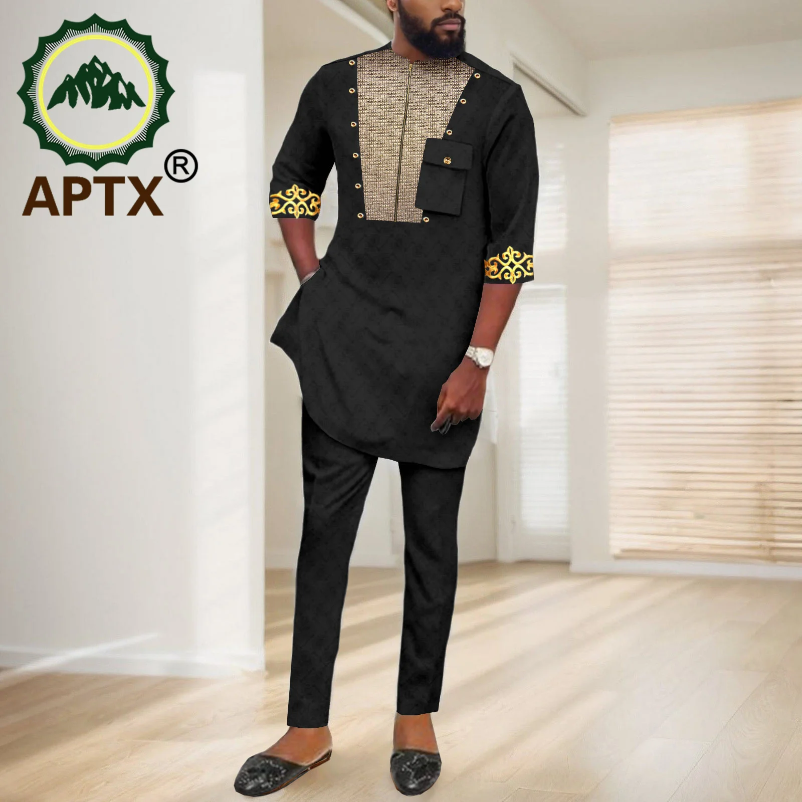 

African Men Causal Suits Dashiki Bazin Riche Attire O-neck Shirt Pants Set Traditional Wedding Dress Formal Occasions 2416092