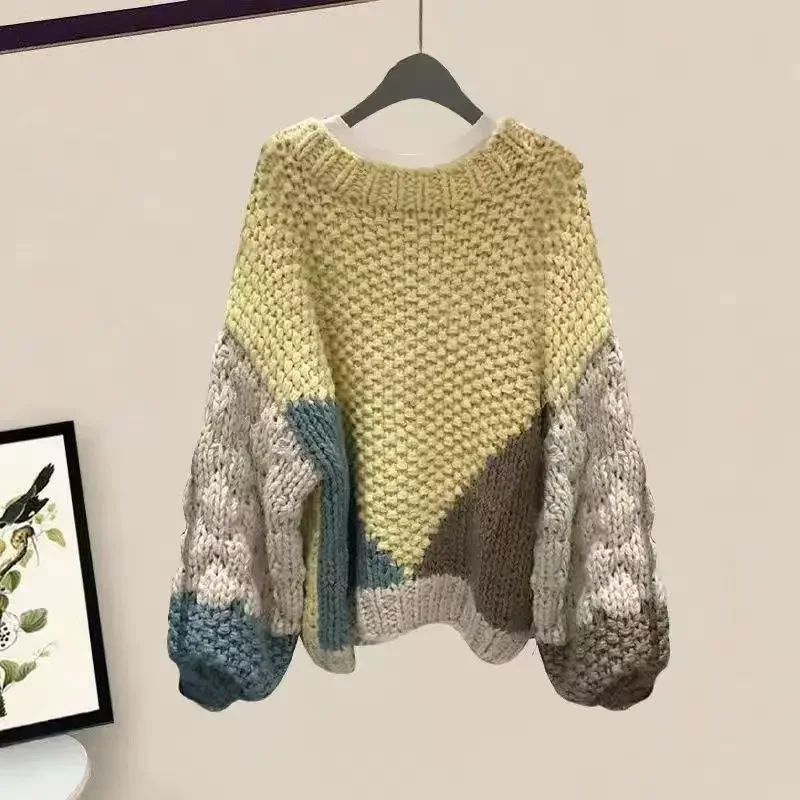 

Color Blocking Coarse Yarn Pullover Sweater for Women Autumn and Winter New Style Loose Fashion Retro Lazy Style Knitted Tops