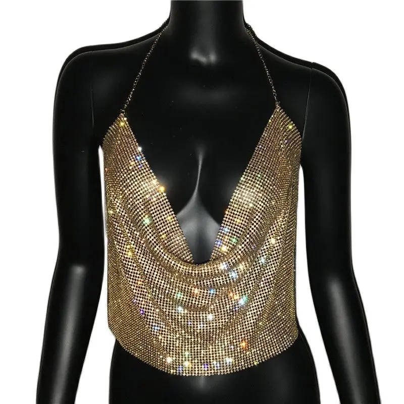 Festival brillante Rhinestone espalda descubierta fiesta Crop Top mujeres 2022 verano brillo noche cuello pico diamantes camisetas sin mangas de