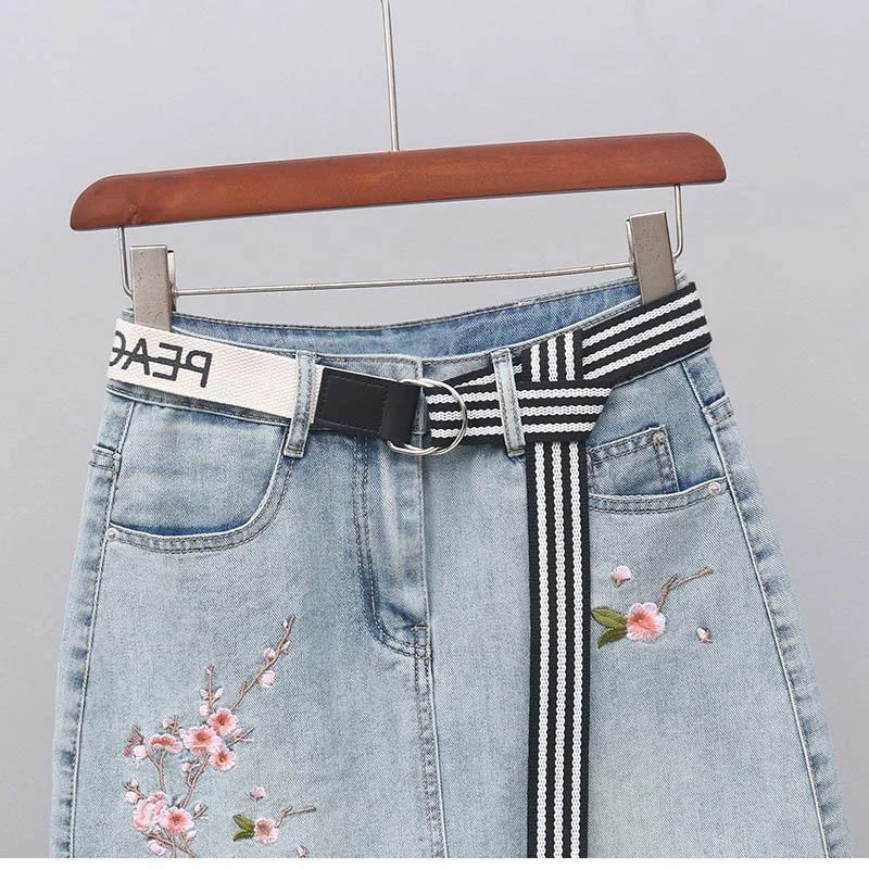 New Spring Summer Korean Fashion Retro Flower Embroidery Denim Skirt Female short  High Waist Slim A Word Hip Jeans Skirt Woman