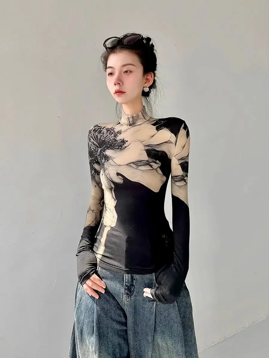 

Autumn Spring Chic Long Sleeves T-shirt Women Clothing Y2k Slim Tops Vintage Floral Print Streetwear Pullover Long Sleeve Tops