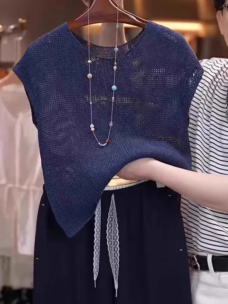 

Ele Ice Silk Knitted Top Hollow out Breathable ort Sve Comfortable Skin-Friendly Summer T-irt Korean Sle Straigh...