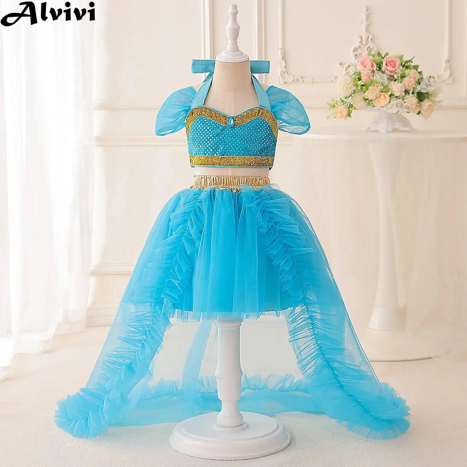 

Детский наряд для танца живота для девочек, карнавальный костюм арабской принцессы на Хэллоуин, укороченный топ со стразами и сетчатой юбкой с рюшами