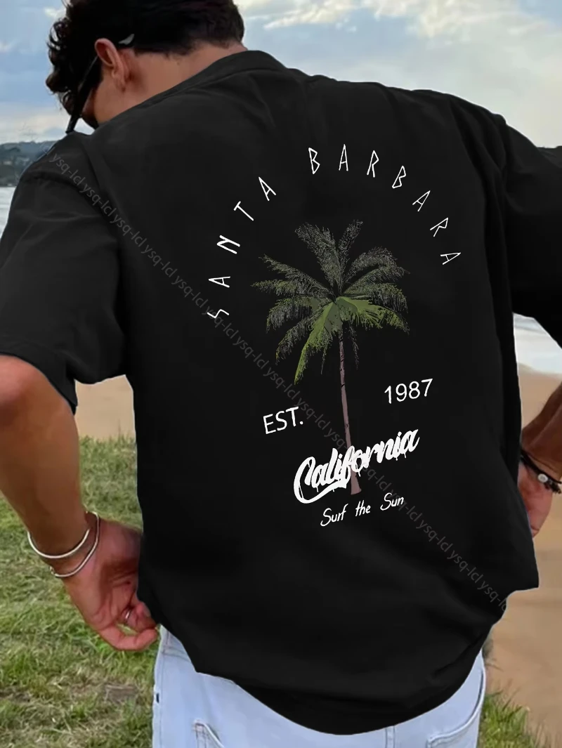 Verano 2025 Camiseta de playa de surf para hombres y mujeres con mangas cortas Diseño de palmera con patrón de Papá Noel Bárbara California