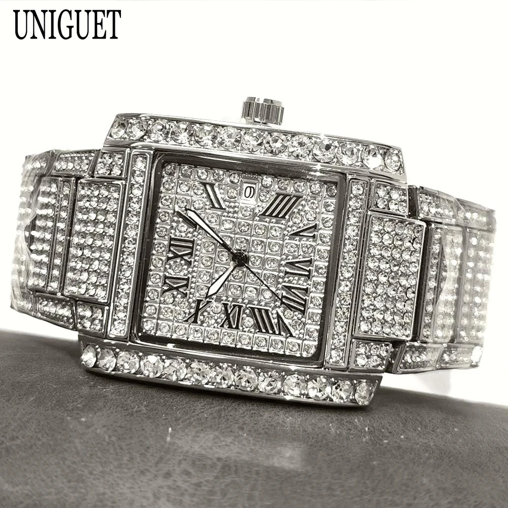 Luxury Ice Watch For Men Brand UNIGUET Hip Hop Diamond Quartz Watches Fashion Roman Literal Waterproof Rectangle Wristwatch Man