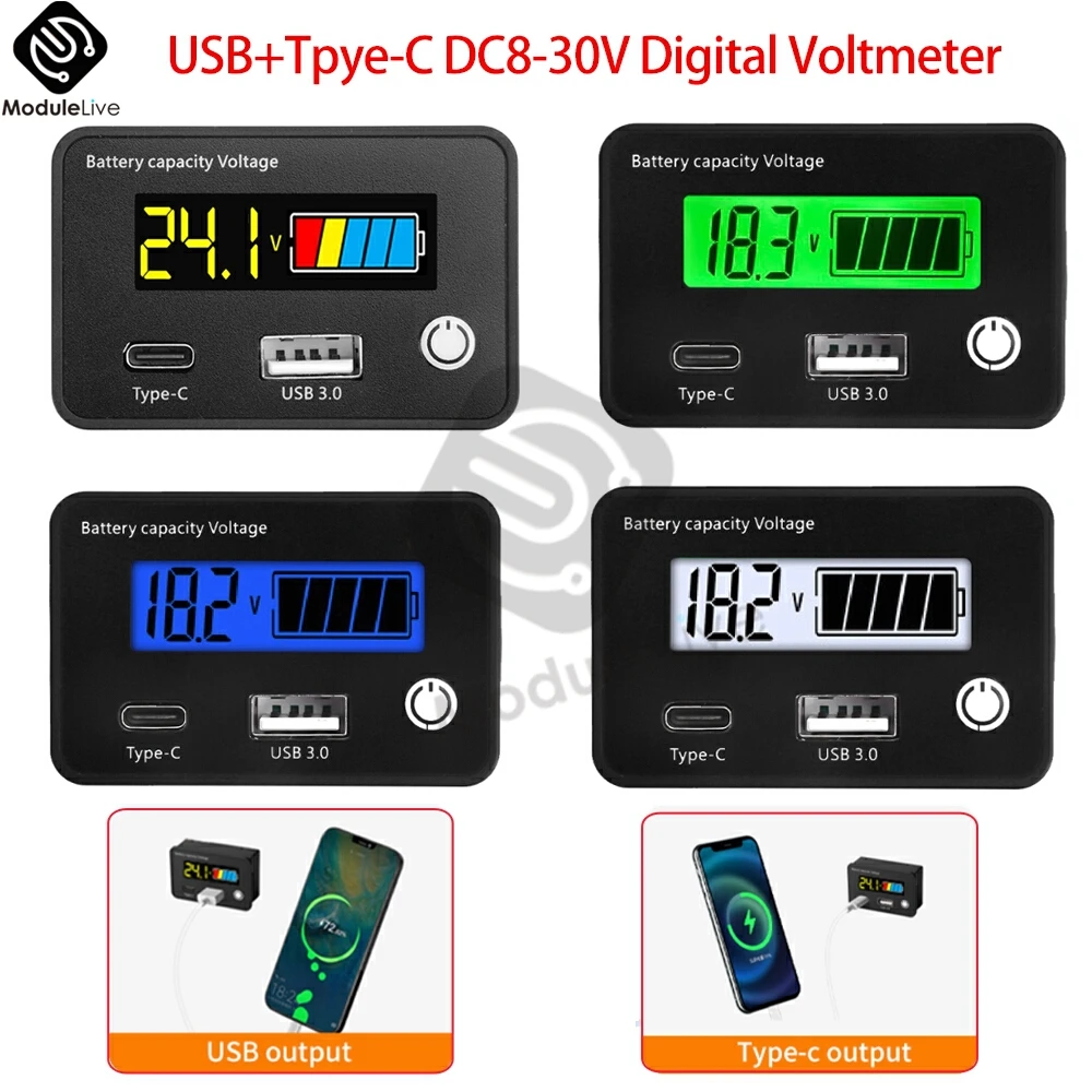 

6140 DC8-30V Lead-acid Lithium Iron Battery Capacity Indicator Digital Voltmeter Voltage Tester Instrument Tool USB+Tpye-C