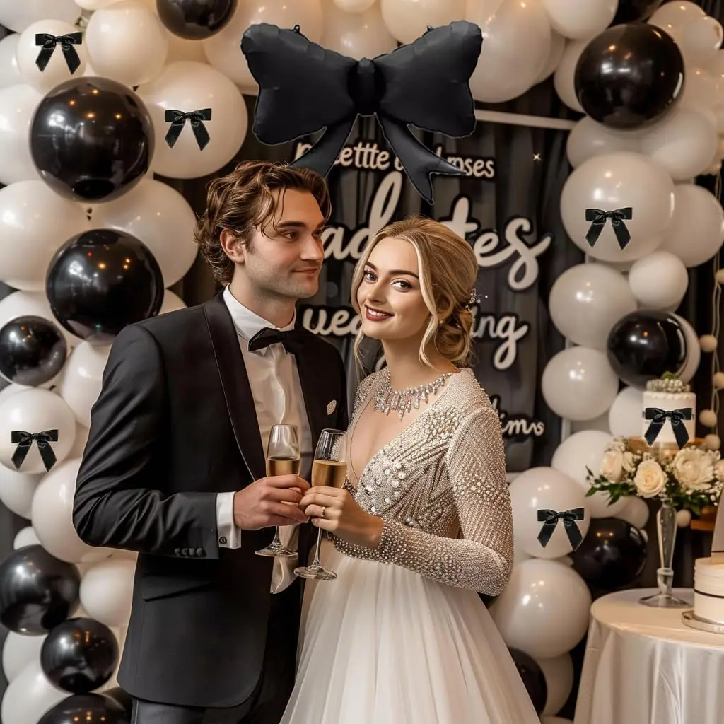 122 Stück schwarze Schleife Geburtstagsparty-Dekorationen mit perlweißen Luftballons für Mädchen, Kokette, Geburtstag, Hochzeit, Brautparty-Dekoration – Detail 6