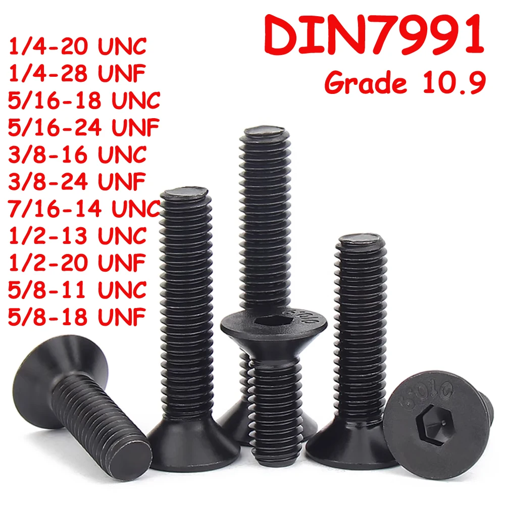 Yiqianyuan 1/4 5/16 3/8 7/16 1/2 5/8 UNC UNF Thread DIN7991 Grade 10.9 Alloy Steel Black Countersunk Head Hex Socket Key Screws