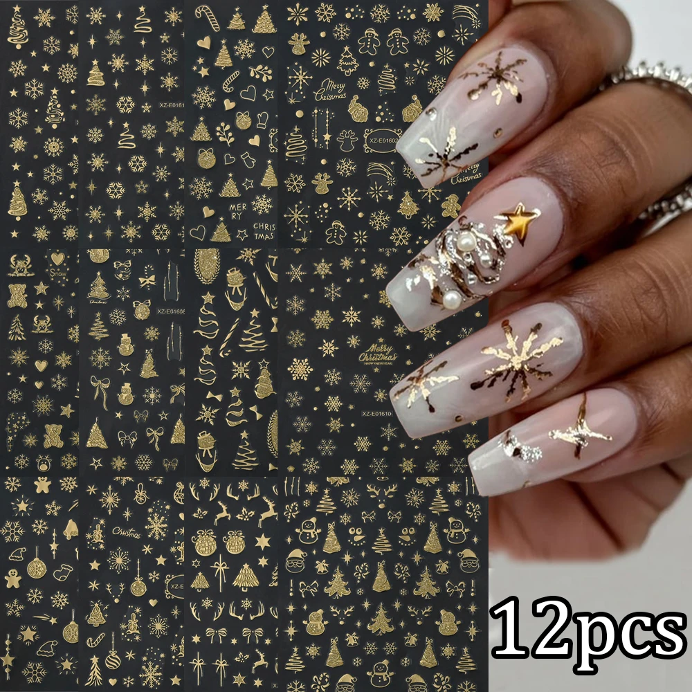 12 個ヴィンテージゴールドスノーフレーククリスマススターネイルステッカーレーザーグリッターシルバーゴールドクリスマスネイルデカールスターマニキュアデコラ