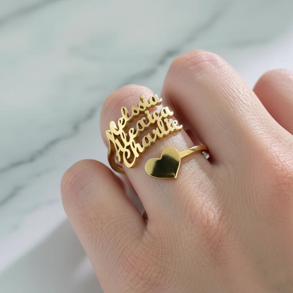 

Custom 18K Gold Plated Stainless Steel 1-3 Names Ring for Women Customized Adjustable Heart Wedding Ring Couples Jewelry Gift