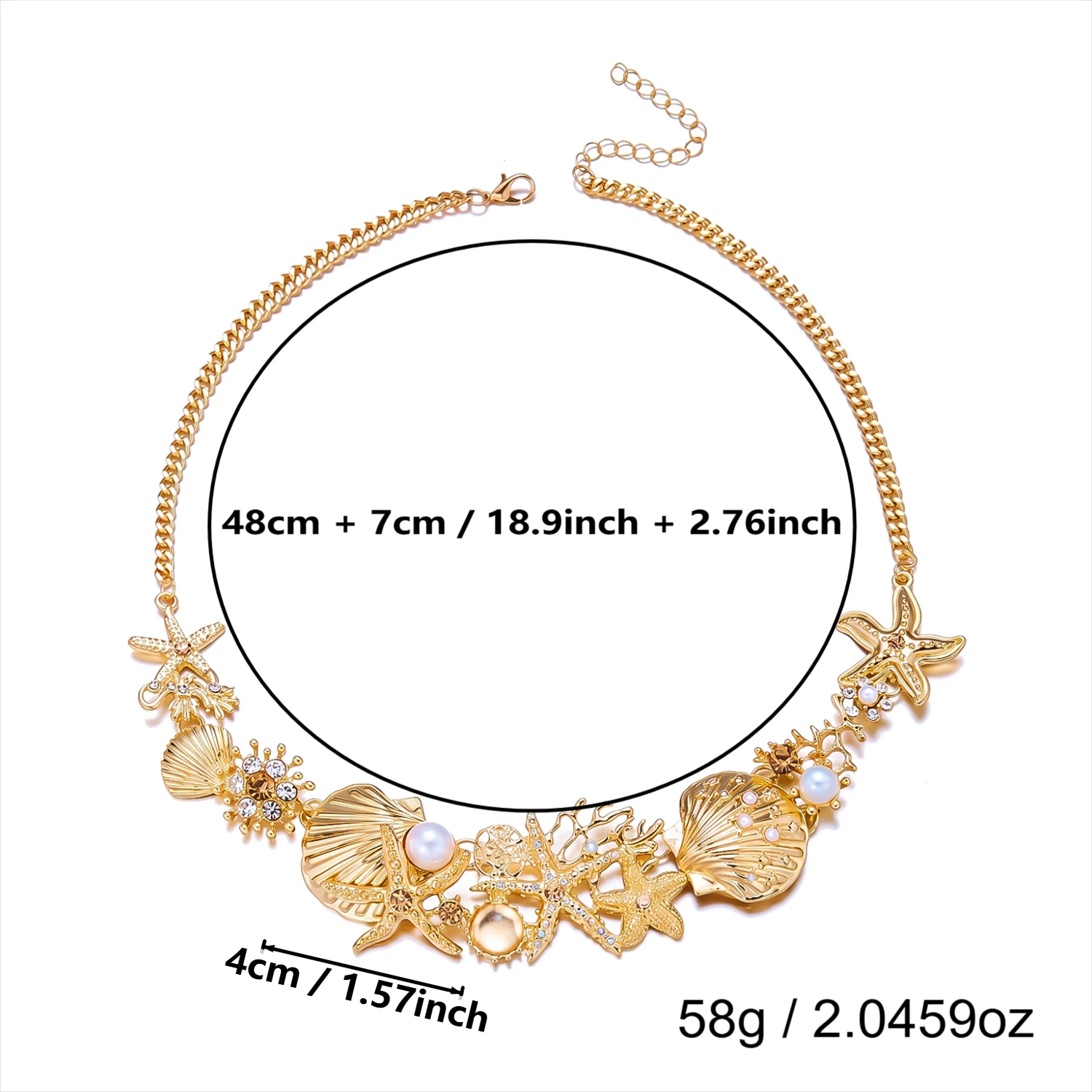 Vintage Schmuckset für Damen im Ozean-Stil: Extravagante Metall-Emaille Seestern-Muschel-Korallen-Perlenkette und Armband – Detail 10