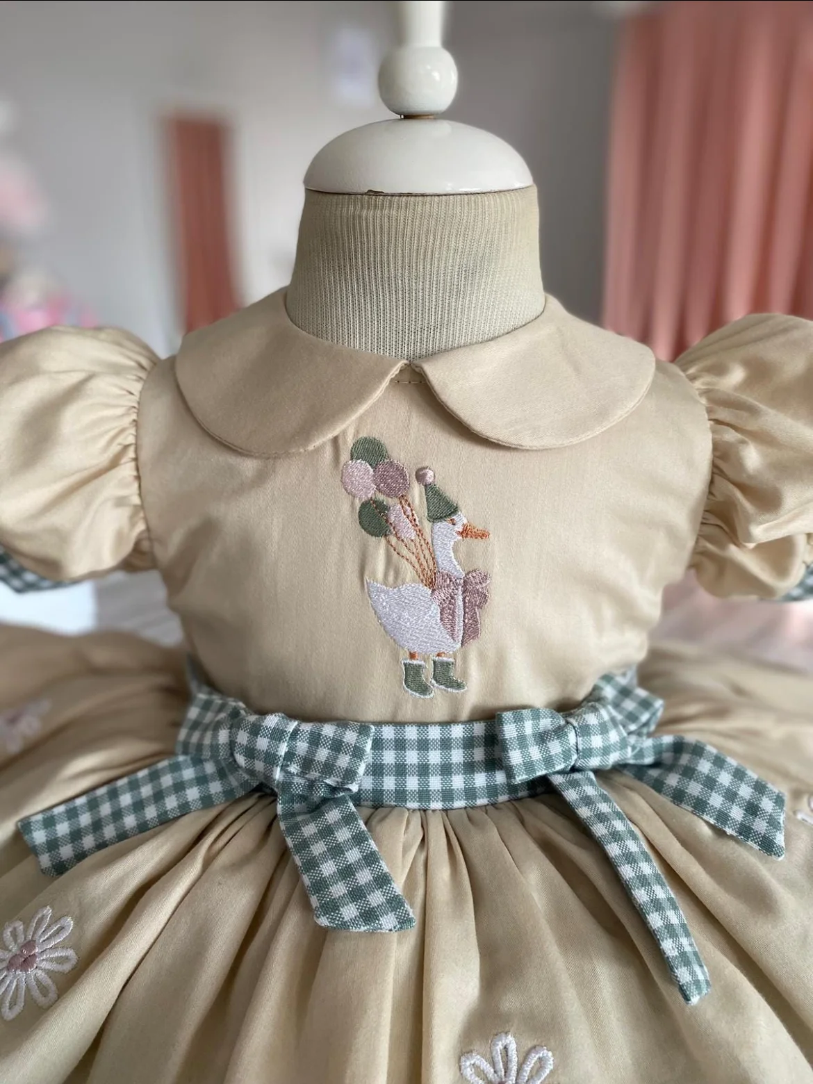 Girls Summer Khaki Vintage Princess Dress with Goose+Daisy Embroidery Design for Christmas Birthday Party Photography B589