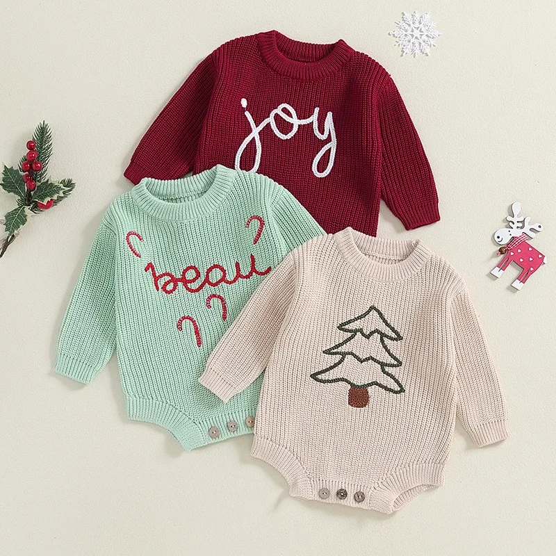 

Infant Baby Boys Girls Cotton Knit Letter Embroidery Sweater Romper Playsuit Jumpsuit Overalls Newborn Christmas Clothes