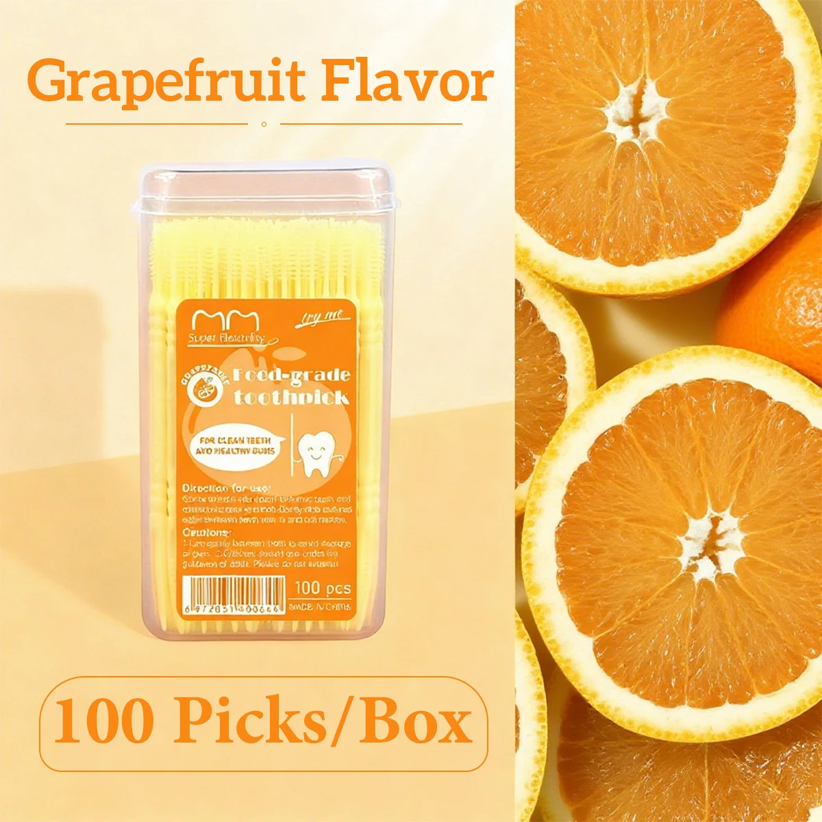 100 Uds. Palillos de dientes de plástico con sabor a fruta, palillos de dientes con sabor a menta, uva, fresa y pomelo con doble punta, suaves para los dientes