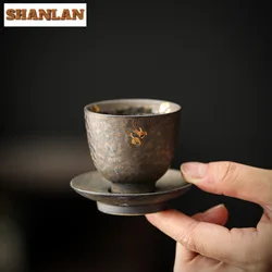 Handmade Sprinkle Gold Coarse Teacup Retro Rust Glazed Master Cup Cup Saucer Set Tasting Tea Bowl with Cushion Kung Fu Teaset