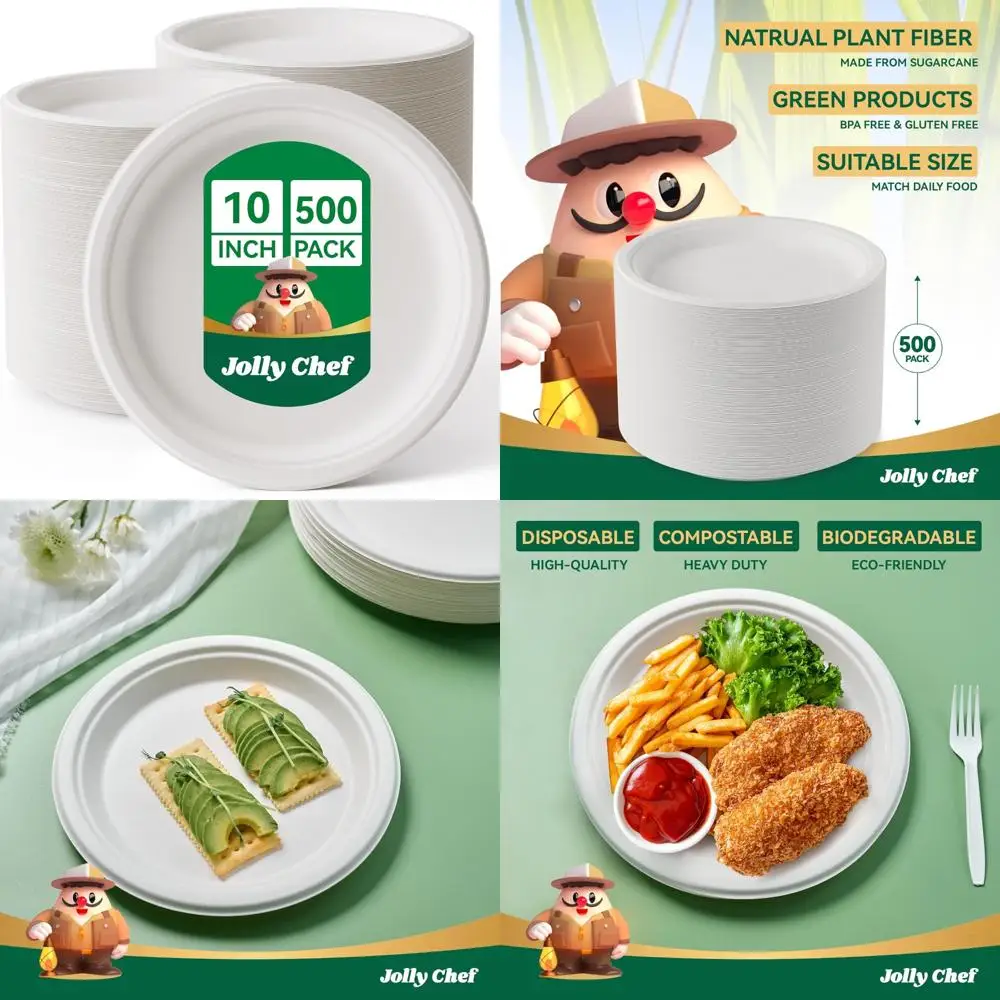 

Eco-Friendly Heavy Duty Compostable White Paper Plates by JOLLY CHEF, Made from Bagasse for Bulk Use