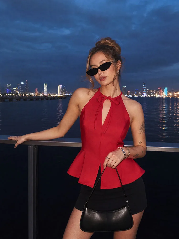 HH Women Summer Spring Vintage Romantic Bright Red Halter Neck Top Self Tie Bow Front Split Peplum Hem Sleeveless Fitted Blouse