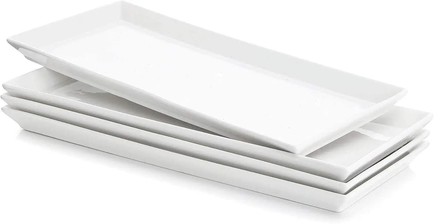 Rectangular Porcelain Platters, Serving Trays for Parties - 13.8 Inch, Set of 4, White