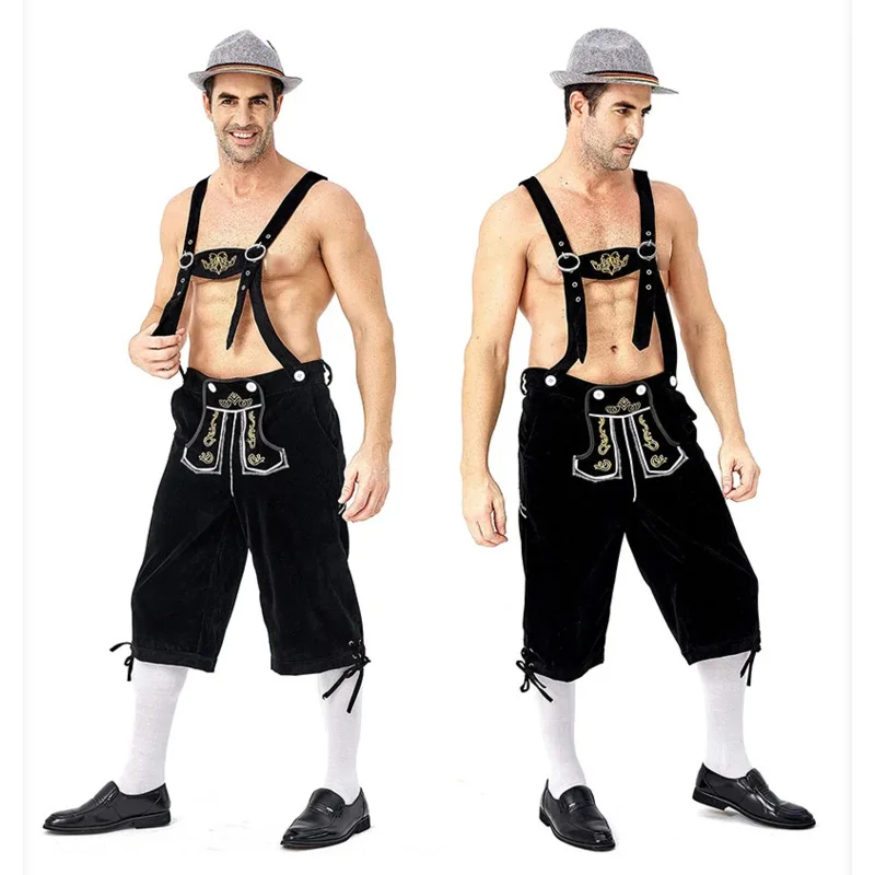 Adult Man Oktoberfest Lederhosen Costume German Bavarian Beer Festival Carnival Party Cosplay Male Suspenders Shorts Black Brown