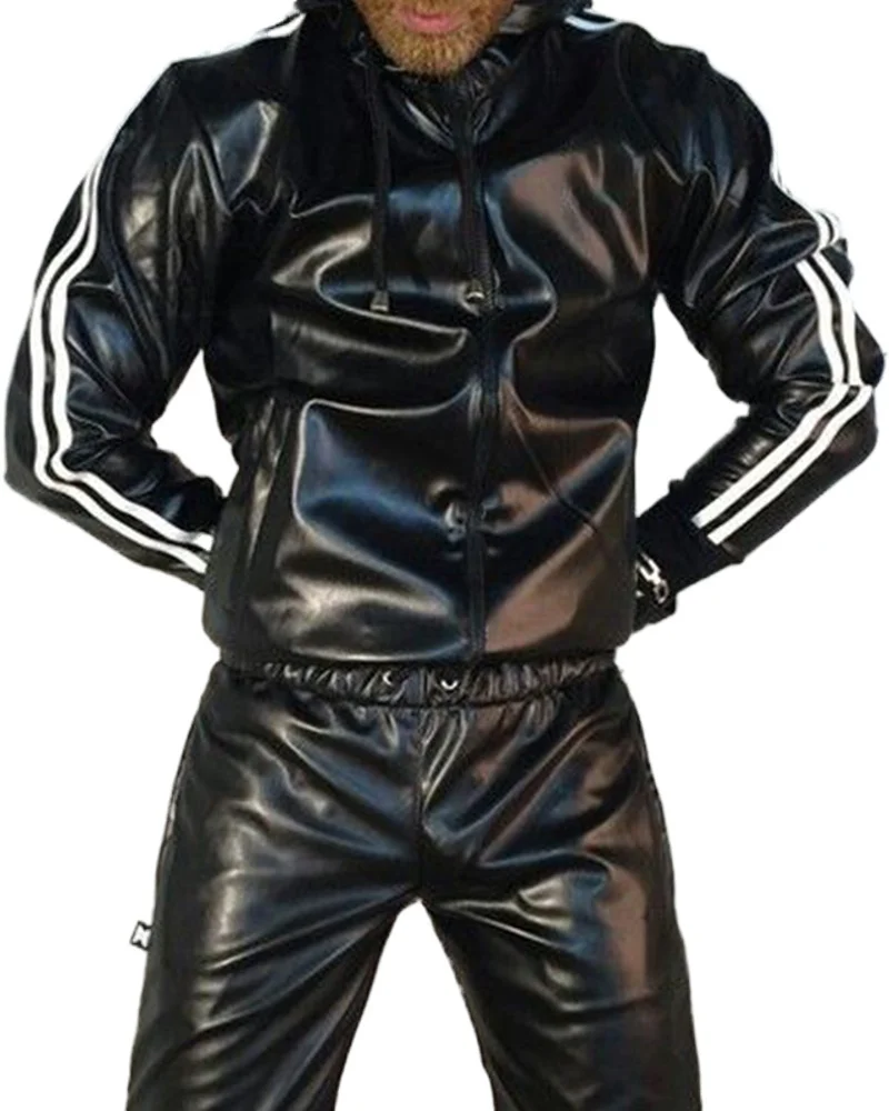 

High quality Men's PU Leather Hoodie Suit Casual Sportswear Hooded Jogging Suit Sportswear Men Outfit Set Juicy Tracksuit y2k