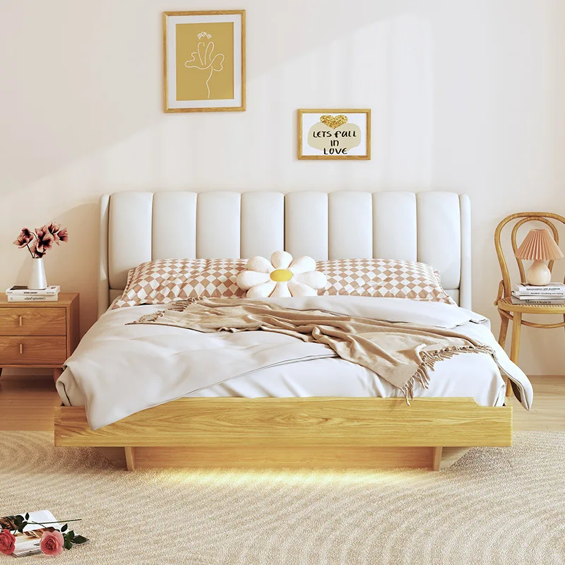 Japanese-style pure solid wood suspended bed storage modern simple multi-functional cream wind oak log master bedroom suspended