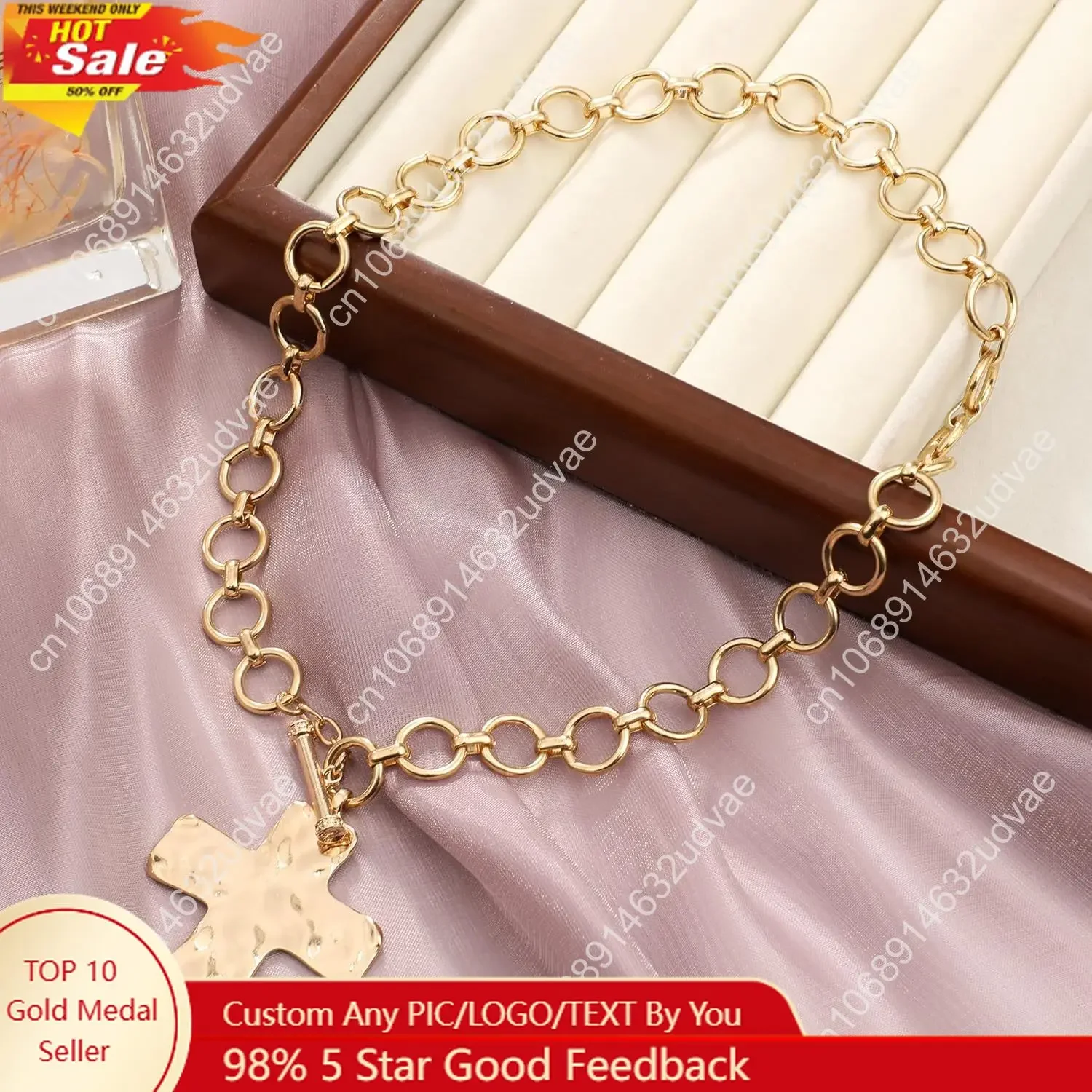 

MQV Chunky Statement Gold Hammered Bold Cross Necklace Thick Chain Vintage Chain Pendant Jewelry