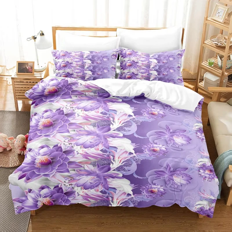 Purple Floral Duvet Cover 3D Flowers Bedding Set Microfiber Butterfly Comforter Cover Full King Size For Kids Adults Room Decor