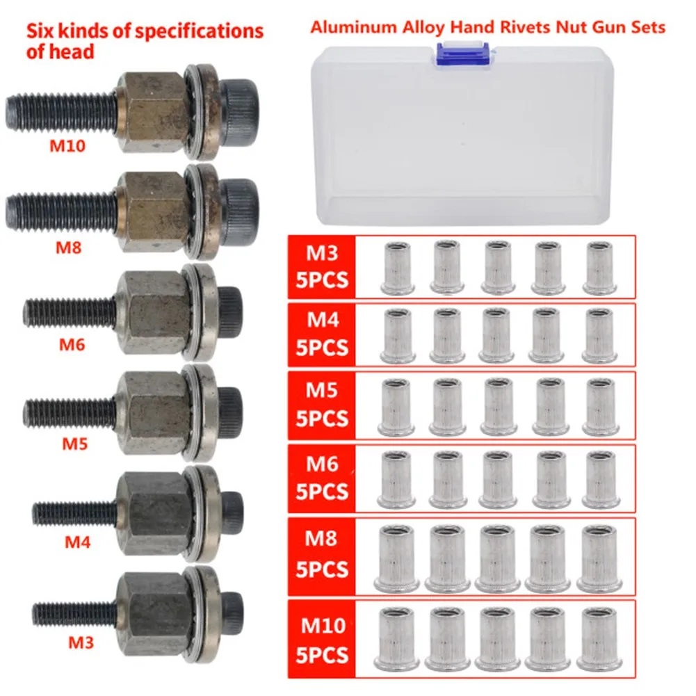 Rivettatrice accessori per utensili rivettatrice strumento di installazione di dadi per rivetti Premium Kit completo per dadi e mandrini M3 M10