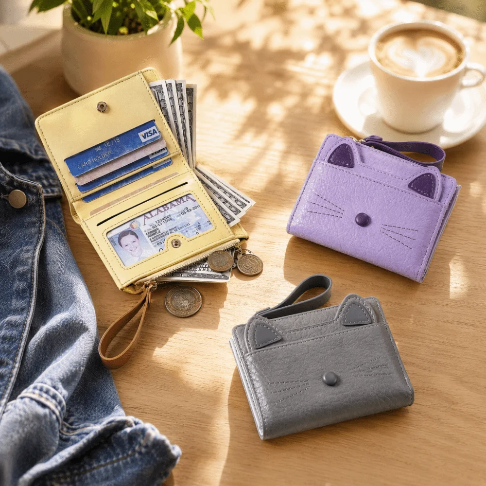 Cute Cartoon Cat Wallet Pu Leather Zipper Closure Card Bag Compact Size Multi Card Position Short Wallet For Ladies