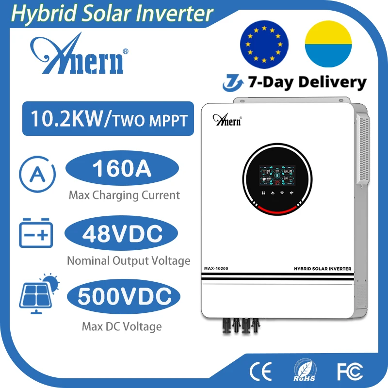 Anern 10.2KW/6.2KW MPPT Hybrid Solar Inverter 48V Build-in MPPT 160A 230VAC Solar Charge Controller Dual PV Input Solar Inverter