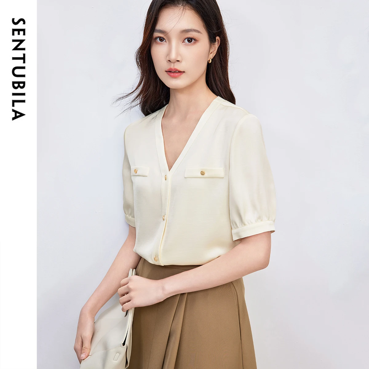 SENTUBILA Soft Chiffon Blouse for Woman 2025 Summer V Neck Puff Sleeve Chic Single Breasted Shirt Lady Women Clothes 152V80007