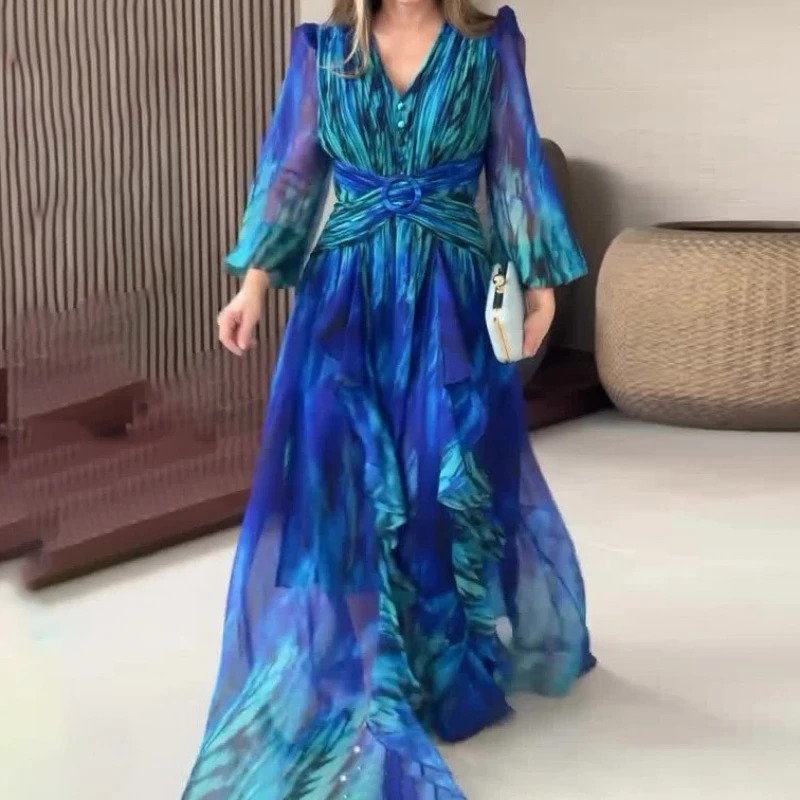 

Dress for Women A-line V-neck High Waist Print Chiffon Dress Vintage Long Sleeve Maxi Office Evening Party Dresses 2025 Autumn